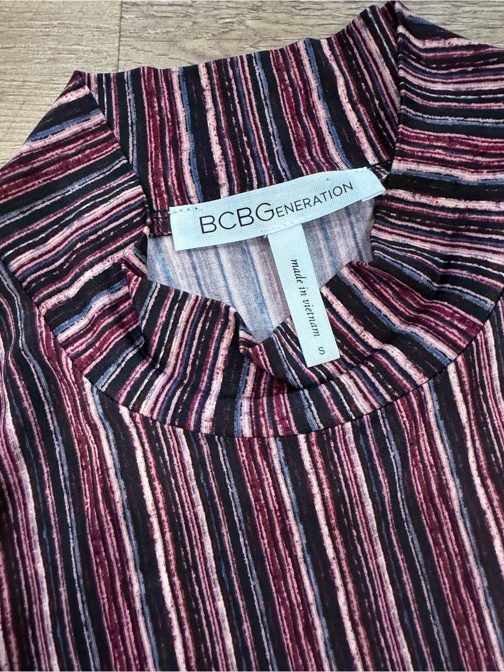 BCBGeneration Striped Mock Neck dress in Burgundy, Pink and Black small